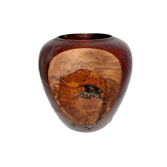 3.75” Petit Carved Wood Vase, Wall Snug Flat Side - Picture 4 of 16